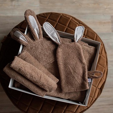 套裝：嬰兒或蹣跚棕的嬰兒或幼兒連帽毛巾、手套和迷你毛巾套裝