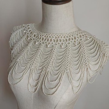 韓版2024秋新網紅洋氣珍珠披肩手工串珠流蘇波浪名媛仙女風假領子