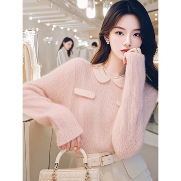 高級感溫柔粉色針織毛衣女2024秋冬新款氣質小香風別致設計感上衣
