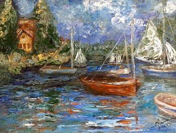湖上的小船，布面油畫原創