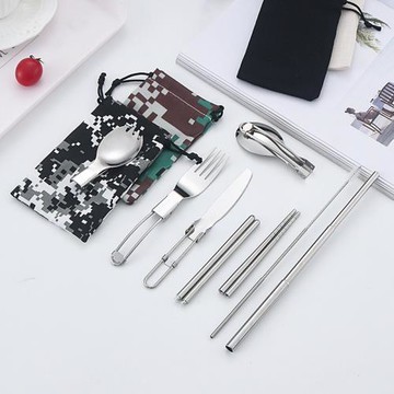 304不銹鋼新款折疊餐具筷子刀叉勺沙拉勺吸管布袋套裝露營便攜裝