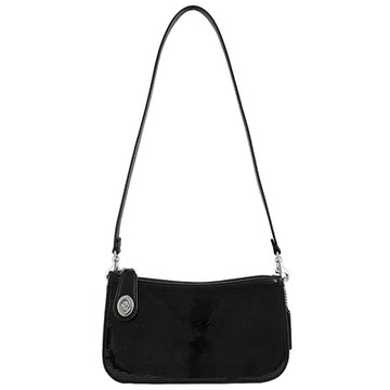 COACH PENN 經典小轉釦拉鍊亮片款單肩包 /彎月包(黑)