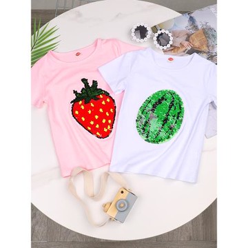 兒童西瓜亮片變色短袖t恤女夏可變圖案衣服女童洋氣寶寶純棉上衣