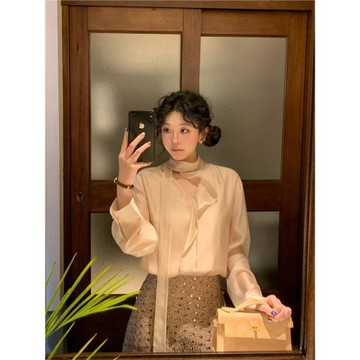 Moby 清冷矜貴 法式氣質飄帶100%天絲襯衫女溫柔荷葉領長袖上衣春