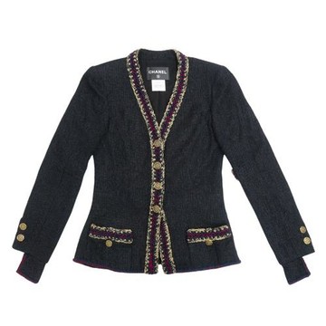 Chanel 展示品 藍紅金鑲邊復古V領金釦外套#38(黑)