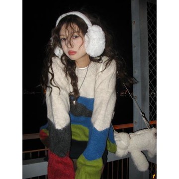 美式復古毛衣女秋冬2024新款撞色慵懶風針織衫寬松氛圍感上衣外套