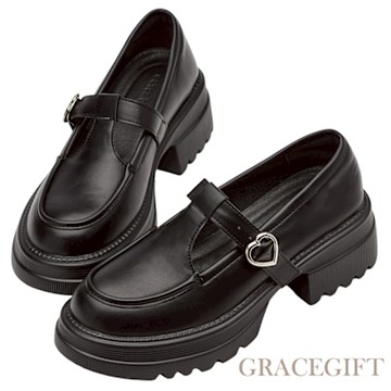 【Grace Gift】通勤步伐T字愛心扣輕量厚底瑪莉珍鞋 黑