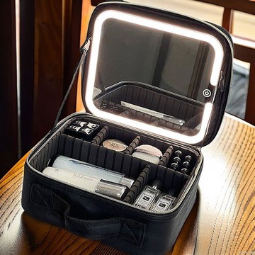 化妝包2025鏡子新款LED化妝箱帶燈手提箱收納包大容量便攜旅行包