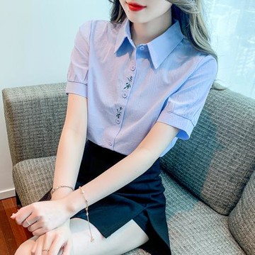 時尚刺繡棉麻襯衫女上衣2026夏季新款polo領短袖純棉洋氣襯衣小衫