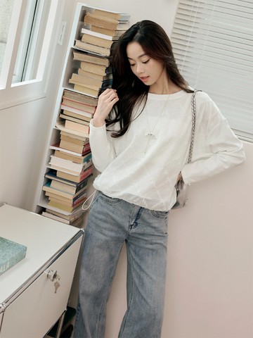 立體菱格緹花抽繩下襬長袖上衣