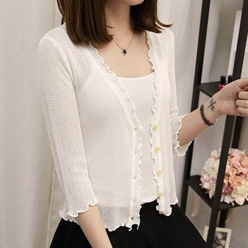 冰絲針織衫女開衫夏季短款空調衫白色外搭薄外套木耳邊防曬小披肩 交換禮物
