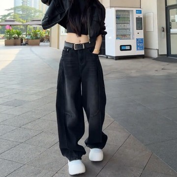 S-4XL 加絨保暖牛仔褲 黑色牛仔褲 大碼牛仔褲女 高腰寬鬆顯瘦牛仔褲 闊腿牛仔褲 牛仔寬褲