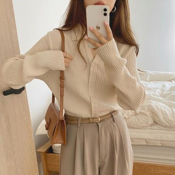 polo領開衫針織外套女2026秋冬ins百搭顯瘦坑條洋氣短款小衫上衣