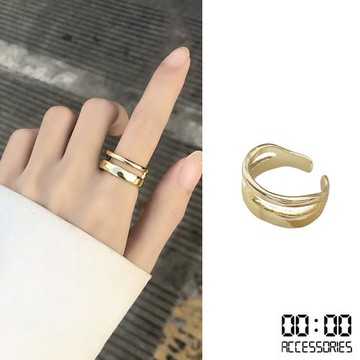 【00:00】韓國設計復古金屬質感亮金雙層開口戒 金