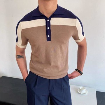 男裝拼接針織衫短袖撞色修身polo衫Men's Contrast Short Sleeves