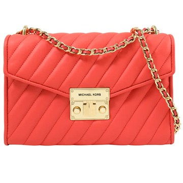 【福利品】MICHAEL KORS Rose 斜格紋小香風壓扣翻蓋鍊包.珊瑚紅