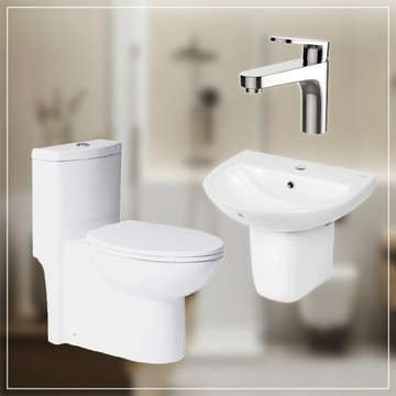 BRAVAT 衛浴三件套(面盆龍頭、短柱面盆、省水馬桶40cm)