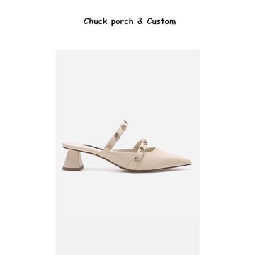 包頭半拖鞋女夏外穿2025新款仙女風高跟涼拖尖頭淺口中粗跟穆勒鞋