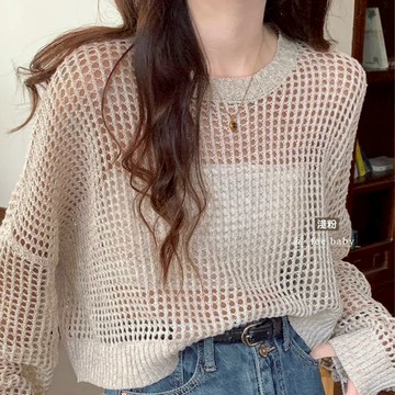 【Fee爆款7色】大厚邊圓領針織鏤空洞洞上衣🔥針織長袖 透膚鏤空 洞洞針織 鏤空針織衫 短版上衣 鏤空 秋冬穿搭 正韓