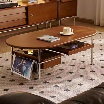 免運/公司貨 茶幾 原木茶幾 實木茶几 客廳家用小桌子不銹鋼橢圓形櫻桃木茶桌中古風實木茶幾 小戶型茶臺 可開發票 全館五折 工廠現貨直銷 新品特價 z10252