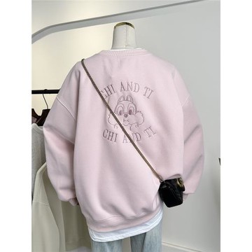 前后卡通刺繡韓國單時尚寬松大碼拼接白邊假兩件衛衣女春秋套頭衫