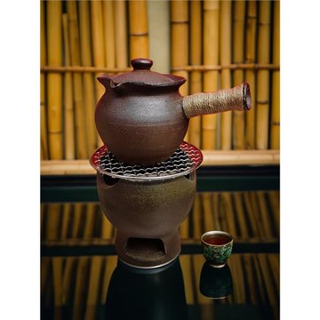 云南烤茶罐粗陶泥碳爐全手工老巖泥松木柴燒側把帶蓋公道壺煮茶器