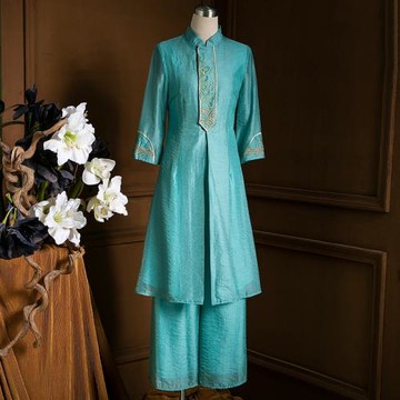 刺繡闊腿褲套裝女秋季款中國風復古立領中長款上衣休閑褲兩件套