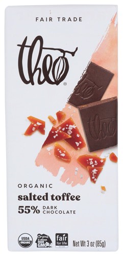 Theo Chocolate Organic Fair Trade 55% Dark Chocolate Bar Salted Toffee 3 oz