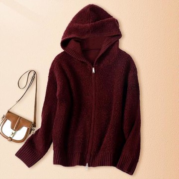 (免運)安哥拉紅羊羔毛連帽開衫衛衣女2025秋冬新款加厚顆粒絨短外套上衣