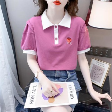 短袖女夏季2025年新款撞色刺繡t恤時尚洋氣時髦別致polo領上衣潮