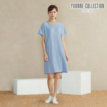YVONNE 以旺傢飾 壓褶連袖洋裝-淺藍
