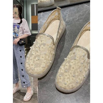 網紗黑色單鞋女鞋子夏季薄款透氣豆豆鞋軟底一腳蹬樂福鞋百搭網鞋