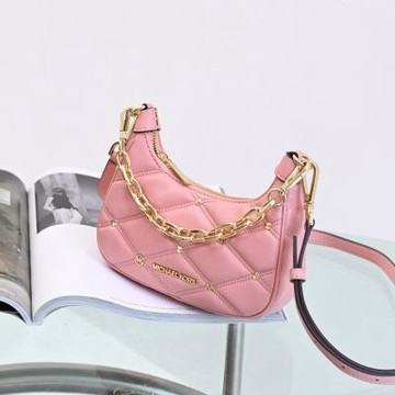 MICHAEL KORS CORA 菱格車線皮革手提斜背兩用牛角包(粉紅)