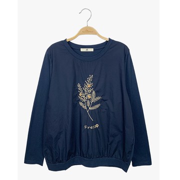 【Hana Mokuba】花木馬日系女裝細緻繡花立體紐扣裝飾針梭織拼接圓領T恤