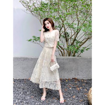 今年流行的漂亮套裝女2025新款夏季減齡漂亮洋氣蕾絲裙子兩件套