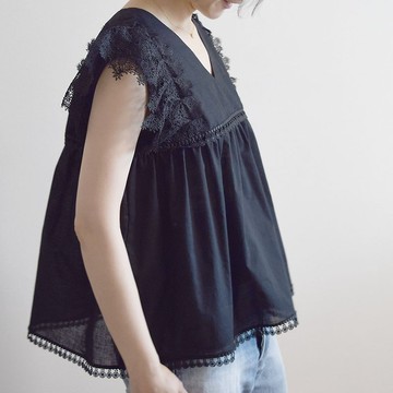 蕾絲法式袖純棉襯衫 - 黑色 (訂製商品)