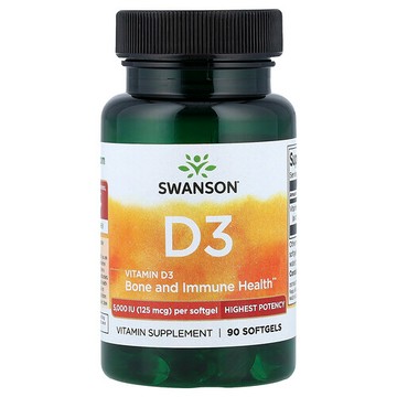 Swanson Vitamins, Vitamin D3, Highest Potency, 125 mcg (5,000 IU), 90 Softgels