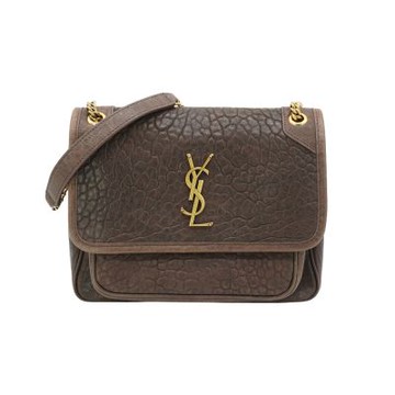 YSL 展示品 Niki Baby 壓紋小羊皮仿舊金鍊二用包-小(633179-咖)