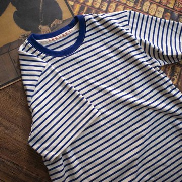 80年代美式復古情侶海魂衫體恤純棉男t長袖撞色打底衫藍白條紋t恤