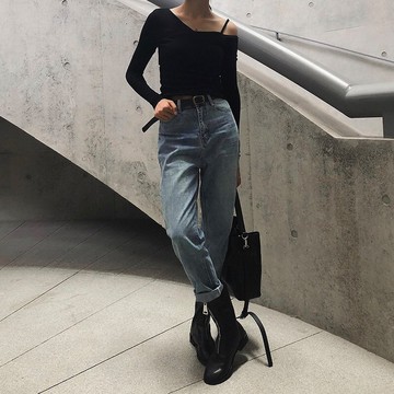 FINDSENSE品牌 秋季 新款 韓國原裝 女 個性 百搭 復古藍色 高腰 顯腿長 顯瘦 休閒牛仔長褲 潮流牛仔褲