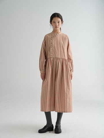 色織匹馬棉細條紋改良中式多扣連衣裙洋裝