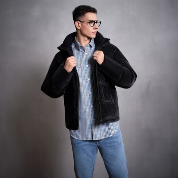 防風漸層色可拆式連帽式平紋羽絨外套/黑色(身長-26＂) | 5819204499