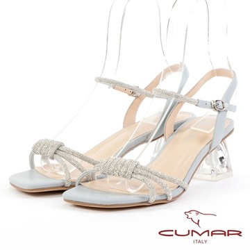 【CUMAR】鑽條裝飾透明粗跟涼鞋-淺藍
