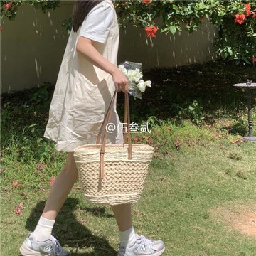 度假神器~ 復古小眾草編包法式玉米皮編織單肩包大容量海邊沙灘包