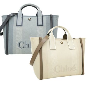 CHLOE 蔻依 Carry 中型 灰藍帆布手提/斜背托特包-2款可選