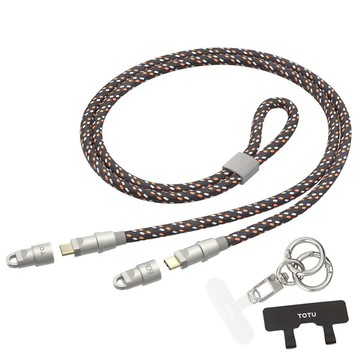 TOTU 拓途 手機掛繩掛片 雙Type-C/PD傳輸線 60W快充線 尼龍編織 1.2M  黑橙色  1條