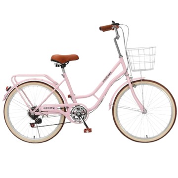 城市/淑女車 【匯昇閣】腳踏車 通勤休閒腳踏車 高碳鋼低跨車架 淑女車 24吋櫻花粉升級加固雙梁輻條輪變速