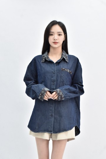 (XL) 牛仔排扣藍色長袖上衣