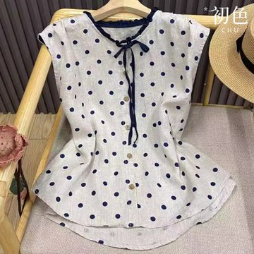 初色 甜美風拼色圓點印花圓領無袖蝴蝶結棉麻襯衫上衣女上衣-共2色-13538(M-2XL可選)