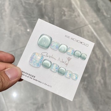 愛依依 腳趾甲 美甲 穿戴甲 甲片 新款12片翡翠貓眼腳指甲穿戴成品手工貓眼顯白美甲可拆卸貼片.-13159.